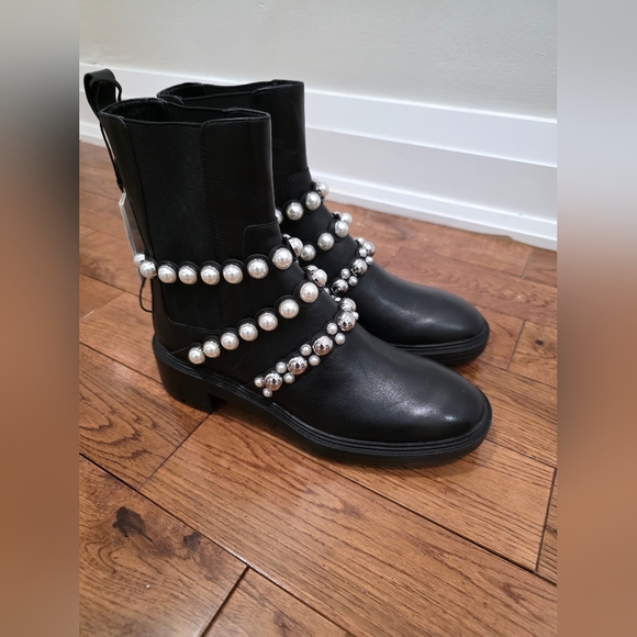 Zara Pearl Strap Black Leather Chelsea Boots Blogger Fav 38 - Picture 3 of 16